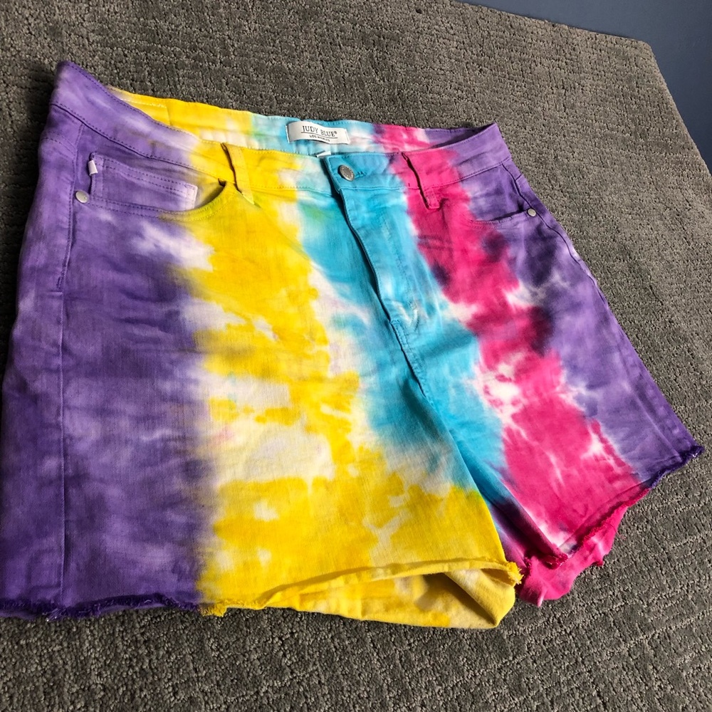 Judy Blue Tie-Dye Jean Shorts - Purple, Yellow, Blue, Pink